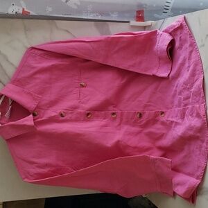 Liz Baker Linen Blend Button-Up Blouse with 3/4 Sleeves in Hot Pink Size M